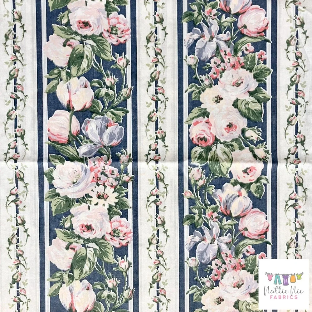 2 Vintage King size Pillowcases, Navy striped floral, Lady Pepperell